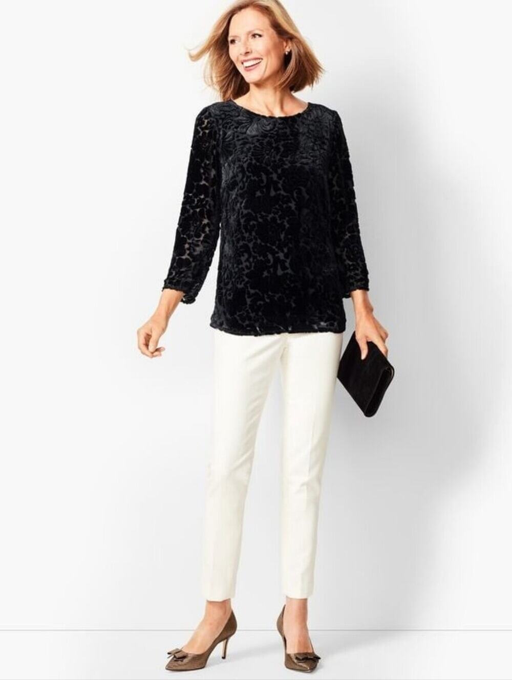 Talbots Black Velvet Burnout Floral Long Sleeve Top | Open Back | Size 8
